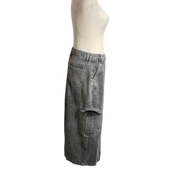 Love Fire Distressed Black  Denim Slit Maxi Cargo Skirt - Picture 4 of 7